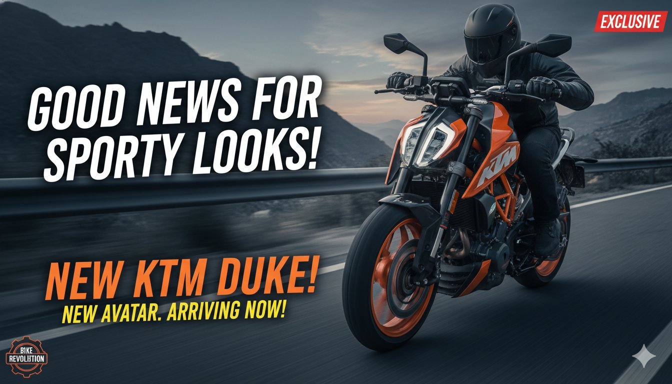 नई KTM 390 Duke 2026 मॉडल की स्पोर्टी इमेज, ऑरेंज कलर में।