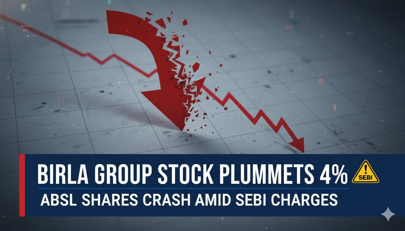 ABSL AMC स्टॉक चार्ट में गिरावट दिखाता ग्राफ, SEBI लोगो के साथ।