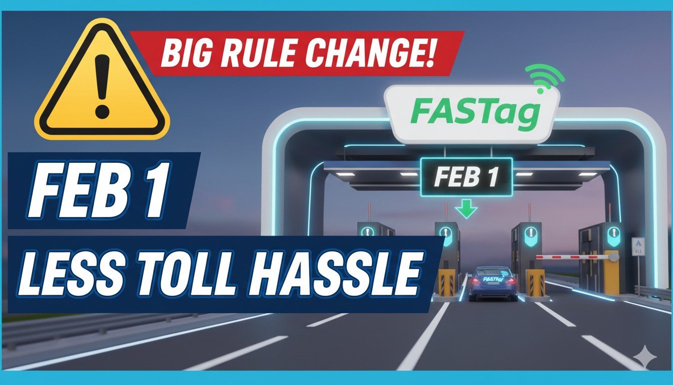 कार की विंडशील्ड पर लगा FASTag और टोल प्लाजा गेट, टोल टैक्स नियम बदलाव का प्रतीक