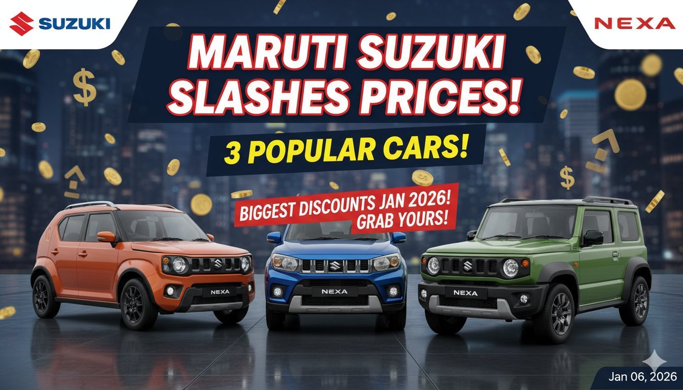 Maruti Suzuki Ignis, XL6 and Jimny models with discount banners in a showroom setting.