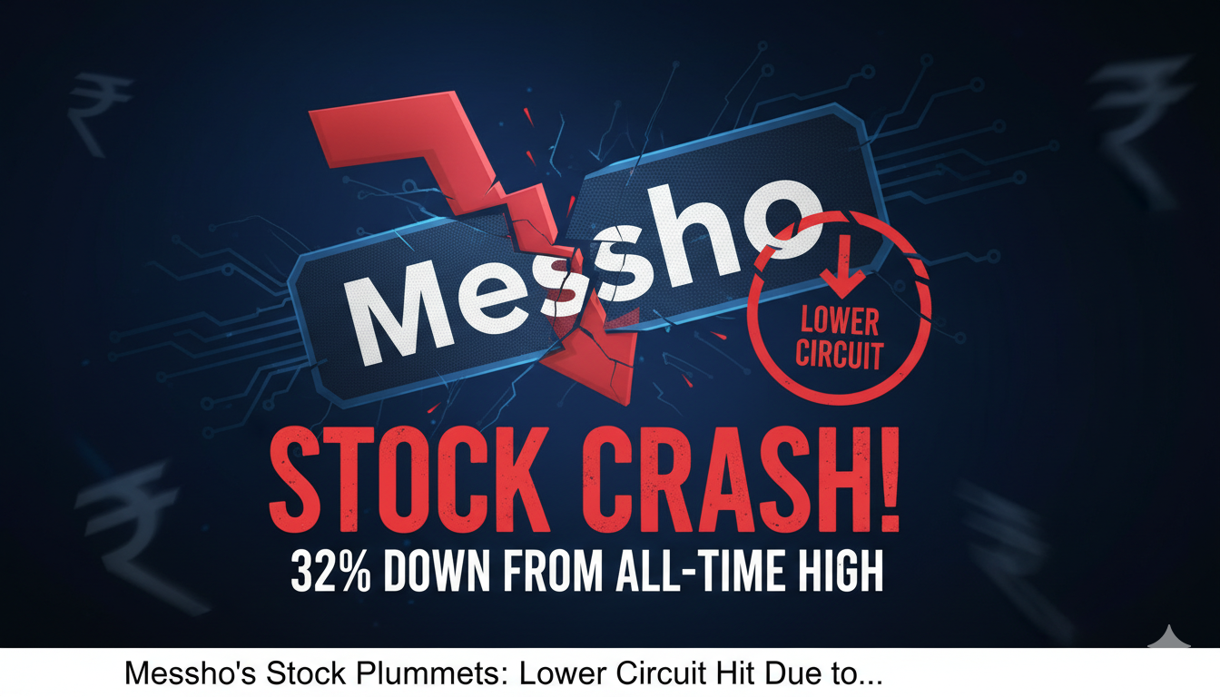 Meesho लोगो के साथ गिरते हुए स्टॉक चार्ट की इमेज, लोअर सर्किट दर्शाती हुई