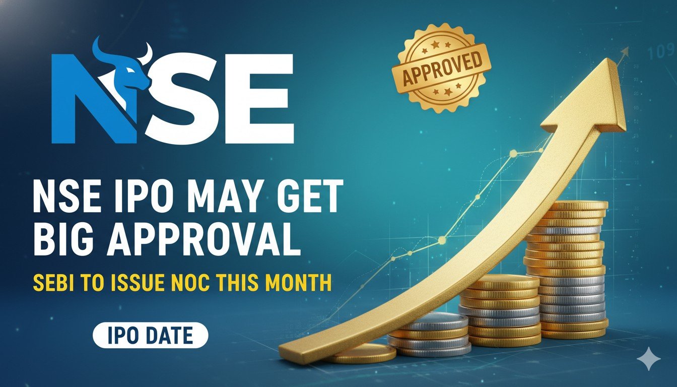 NSE भवन और SEBI लोगो के साथ आईपीओ अपडेट ग्राफिक