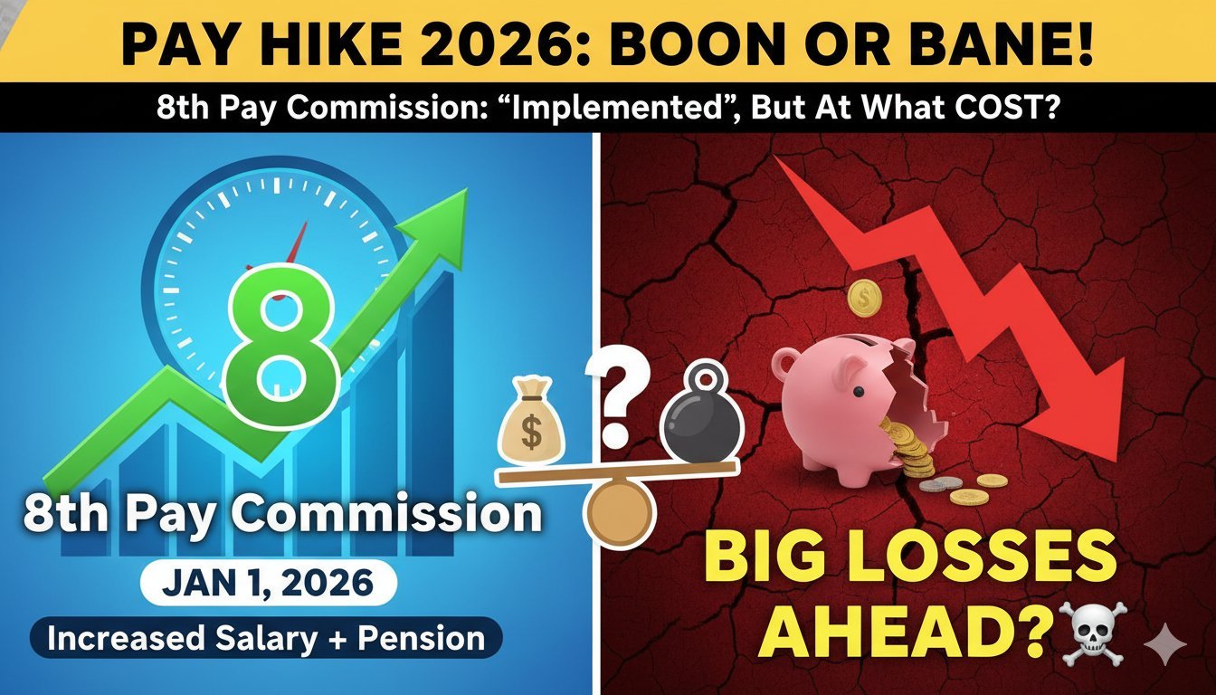 8वें वेतन आयोग की बढ़ी हुई सैलरी और पेंशन का ग्राफिक प्रतिनिधित्व, जिसमें रुपये के नोट्स और कर्मचारी दिखाए गए हैं