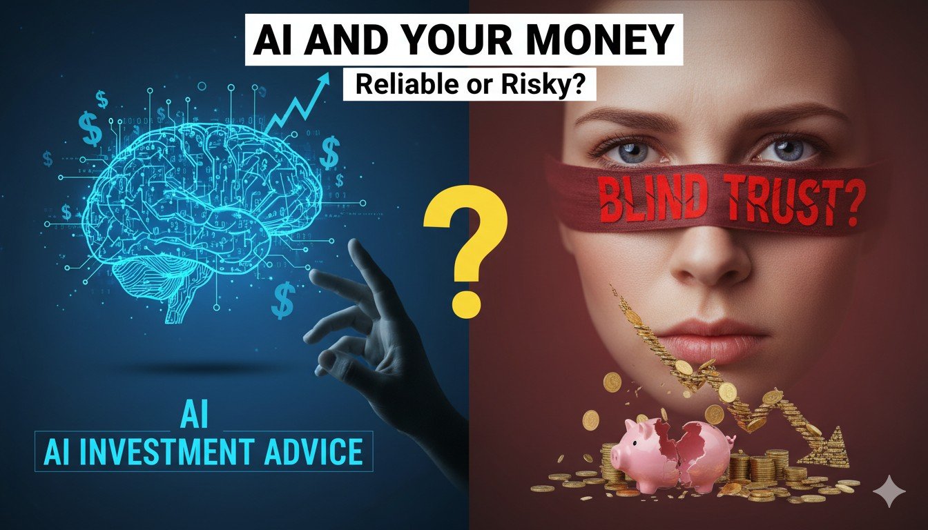 AI और निवेश सलाह की विश्वसनीयता पर ग्राफिक, रोबो एडवाइजर और भारतीय स्टॉक मार्केट का इलस्ट्रेशन