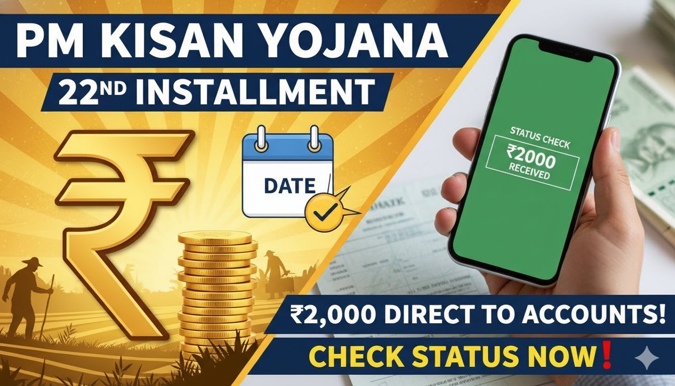 प्रधानमंत्री किसान सम्मान निधि योजना की 22वीं किस्त का ग्राफिक, किसानों के बैंक खाते में 2000 रुपये ट्रांसफर दिखाता हुआ