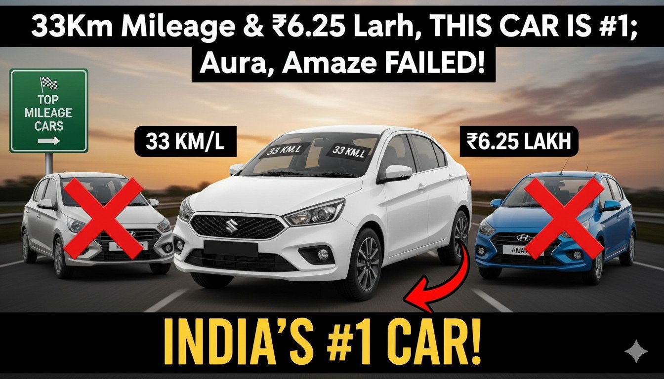 Alt Text for featured image : मारुति सुजुकी डिजायर CNG कार साइड व्यू में दिख रही है, जिसमें 33 km माइलेज और ₹6.25 लाख कीमत हाइलाइट है