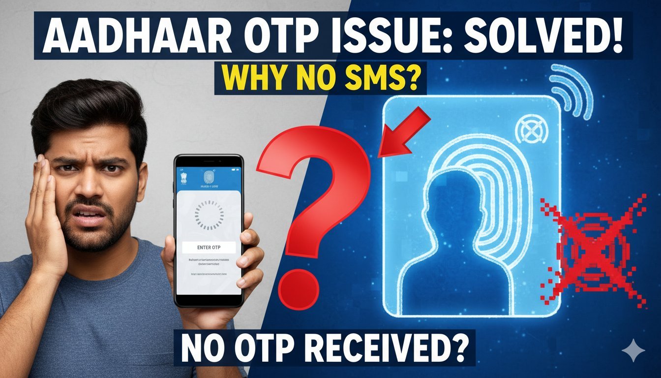 आधार कार्ड OTP नहीं आने की समस्या और समाधान दिखाता ग्राफिक