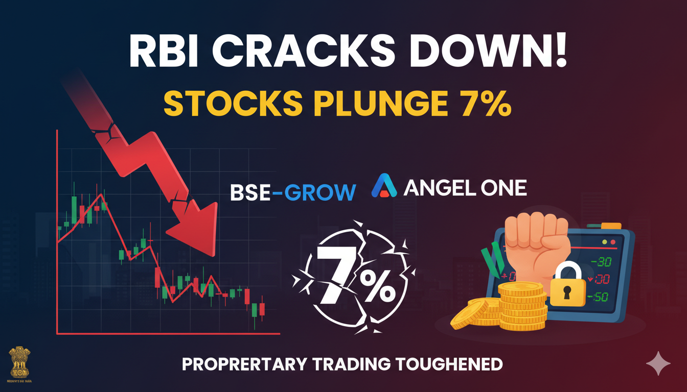 आरबीआई के नए नियमों से प्रभावित बीएसई, एंजेल वन और ग्रो के शेयर चार्ट दिखाते हुए स्टॉक मार्केट गिरावट