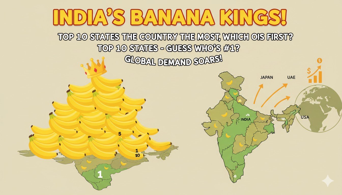 भारत के प्रमुख केला उत्पादक राज्य और निर्यात देशों का ग्राफिक इलस्ट्रेशन