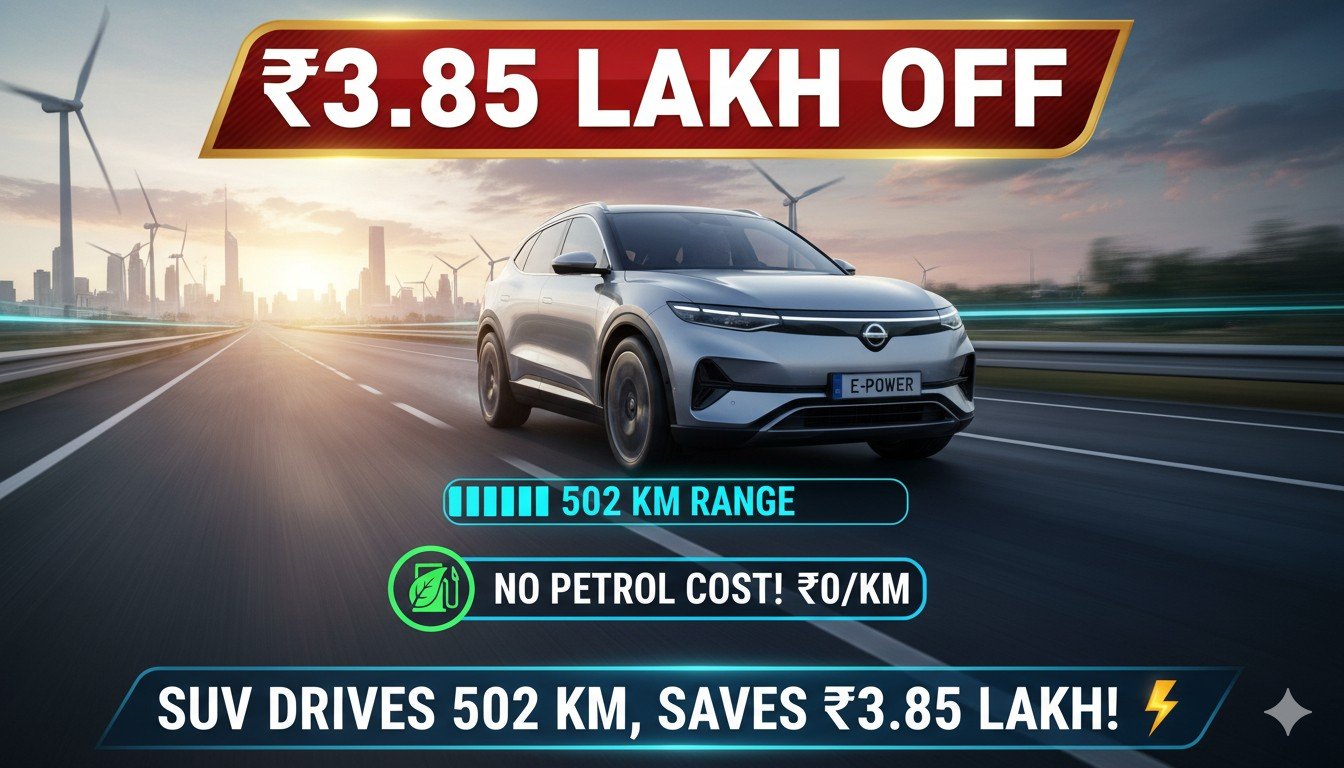 महिंद्रा BE 6 इलेक्ट्रिक SUV फ्रंट व्यू दिखाती हुई, जिसमें 502 किमी रेंज और ₹3.85 लाख छूट हाइलाइट की गई है