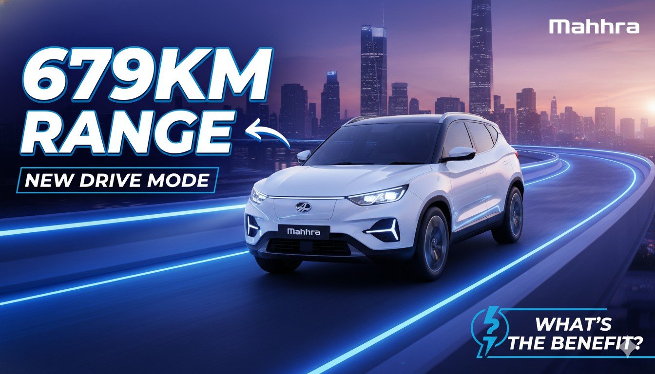 महिंद्रा XEV 9S इलेक्ट्रिक SUV का फ्रंट व्यू दिखाता हुआ, जिसमें 679 किमी रेंज और नया कस्टम ड्राइव मोड हाइलाइट किया गया है