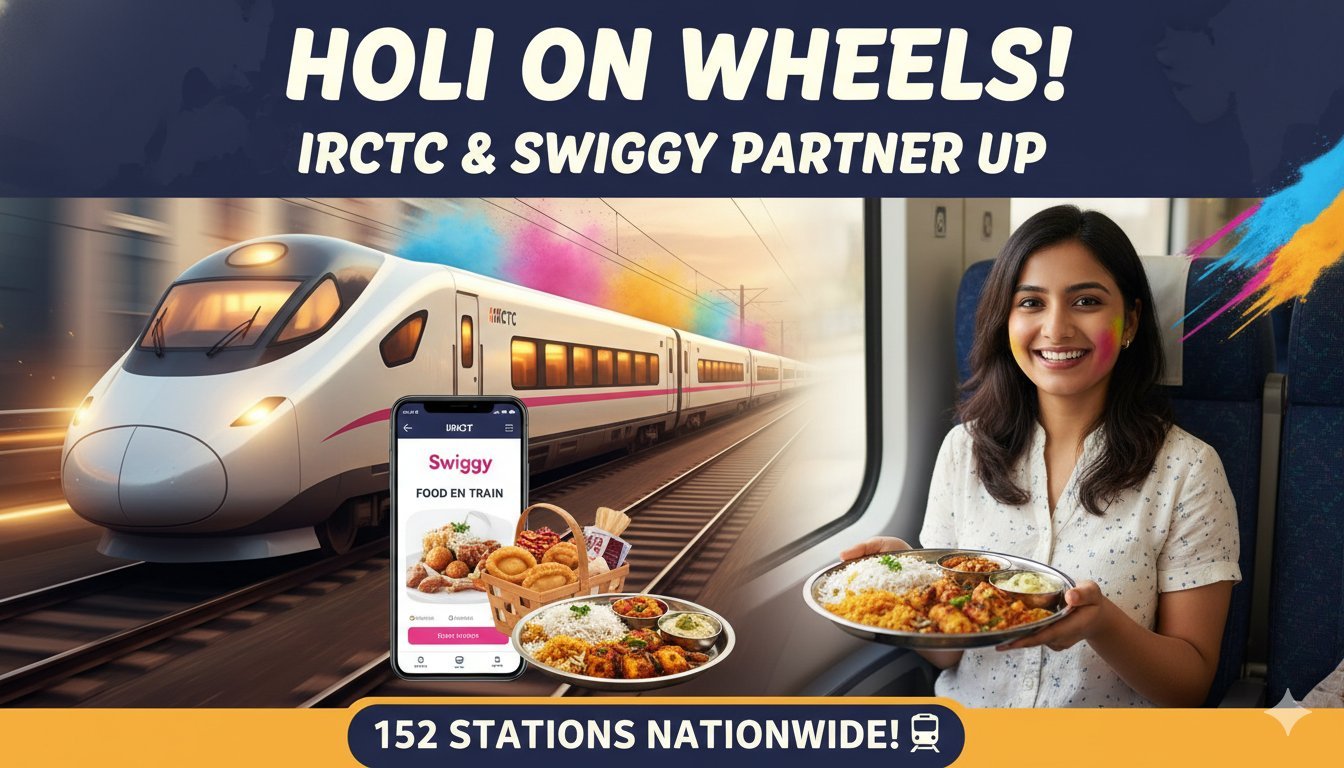 ट्रेन में स्विगी फूड डिलीवरी, होली स्पेशल गुजिया और मिठाइयां सीट पर पहुंचती हुईं