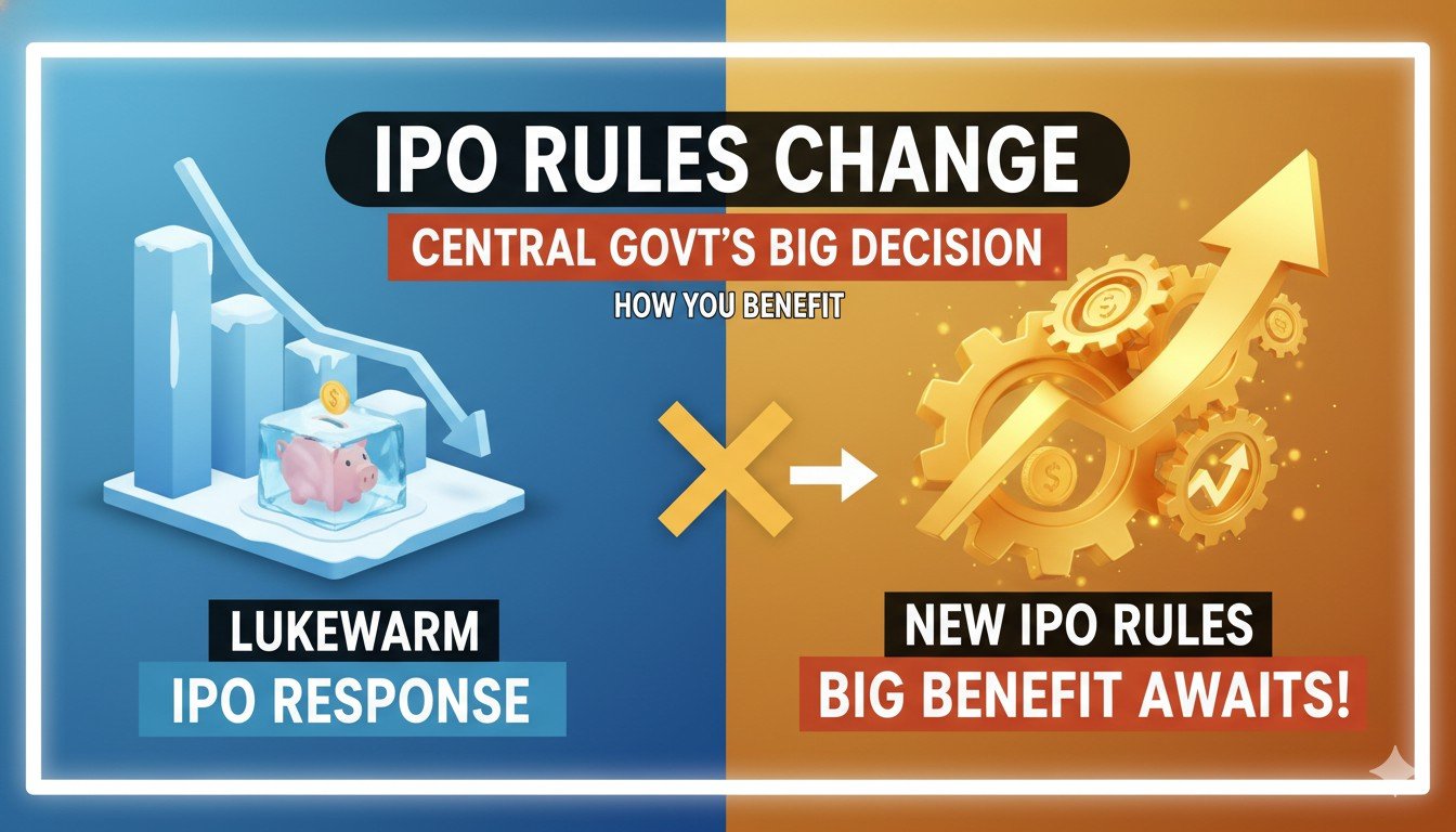 केंद्र सरकार द्वारा मंजूर IPO नियम बदलाव का ग्राफिक, SEBI लोगो के साथ बड़े IPO और निवेशक लाभ दिखाता हुआ
