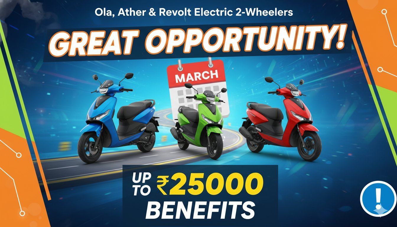 मार्च 2026 में ओला, एथर और रिवोल्ट इलेक्ट्रिक स्कूटर और बाइक्स पर ₹25,000 तक के डिस्काउंट और ऑफर्स का ग्राफिक
