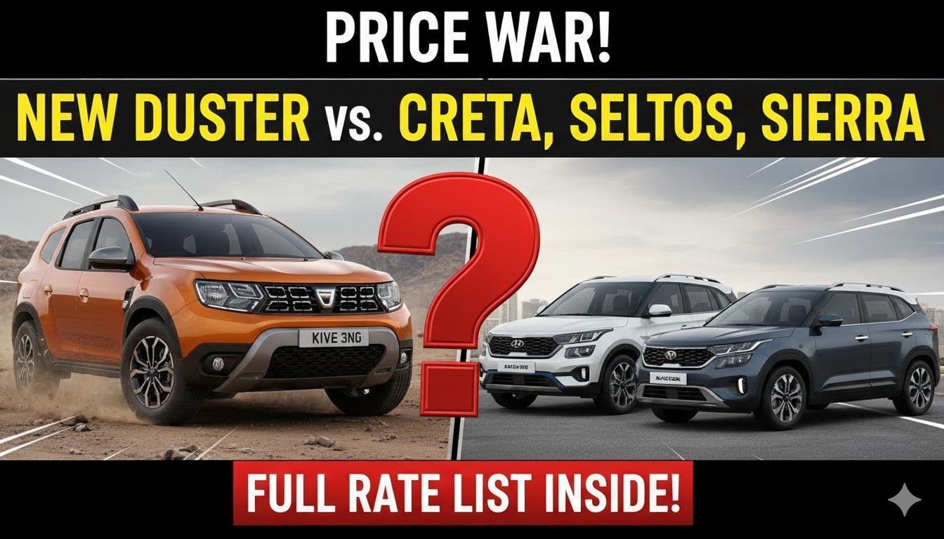 नई रेनॉल्ट डस्टर SUV फ्रंट व्यू दिखाती हुई, क्रेटा और सेल्टोस के साथ कीमत तुलना