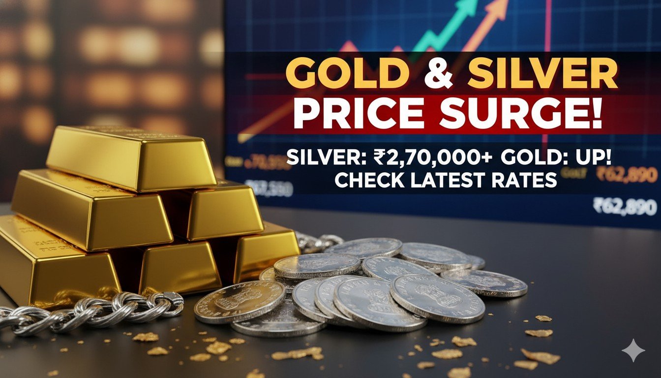 आज के सोना और चांदी के भाव दिखाते हुए ग्राफ और कीमती धातुओं की छवि