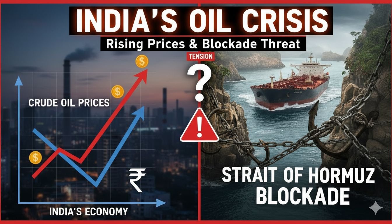 स्ट्रेट ऑफ होर्मुज में तेल टैंकरों की आवाजाही और बढ़ती कच्चे तेल कीमतों का ग्राफ दिखाता हुआ चित्र, भारत की अर्थव्यवस्था पर संकट को दर्शाता।
